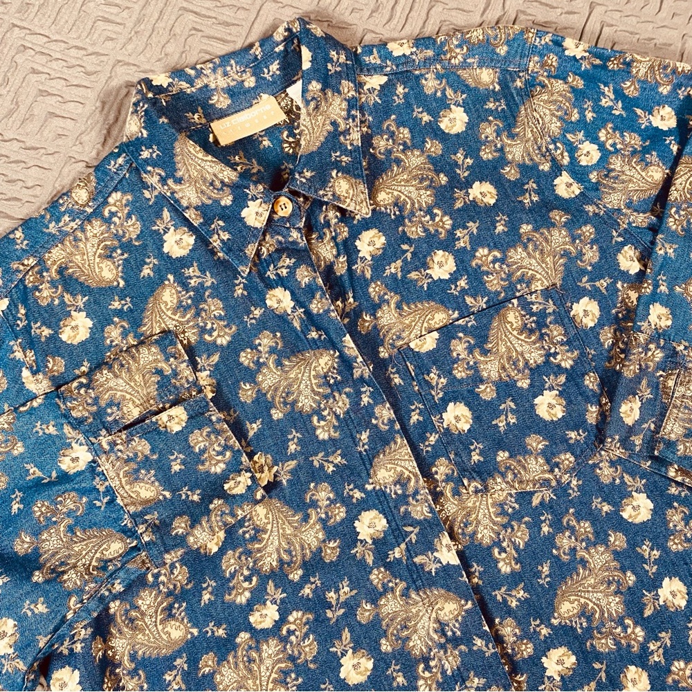 Liz Claiborne Blue Beige Cotton Blouse Size Medium EUC